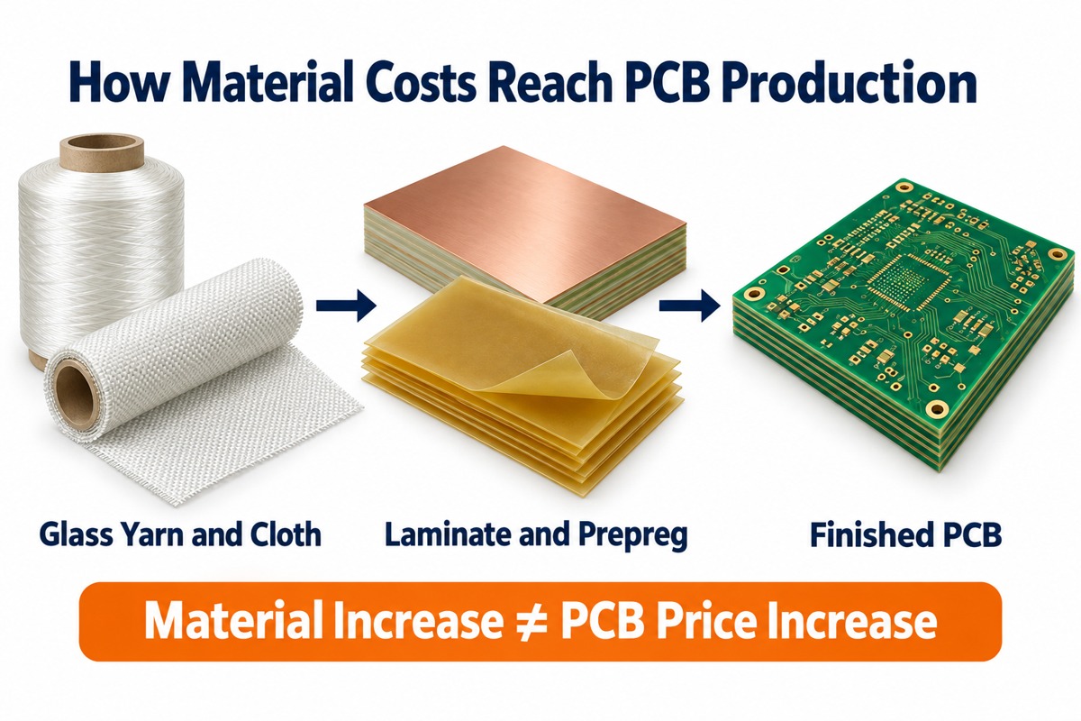 Material cost transfer from glass cloth to laminate and prepreg and finished PCB production