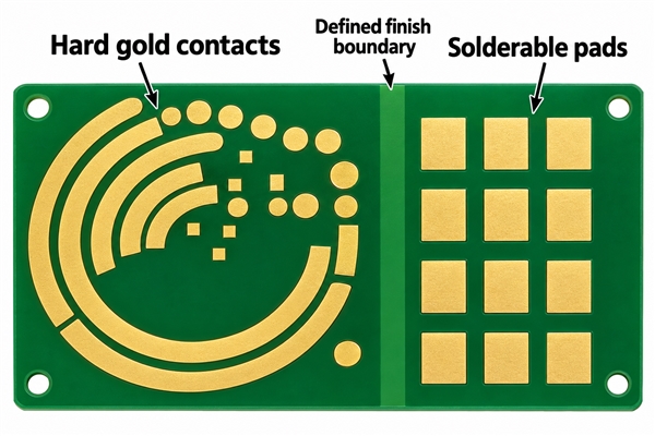 Separate hard gold contact and solder-pad zones with a defined finish boundary