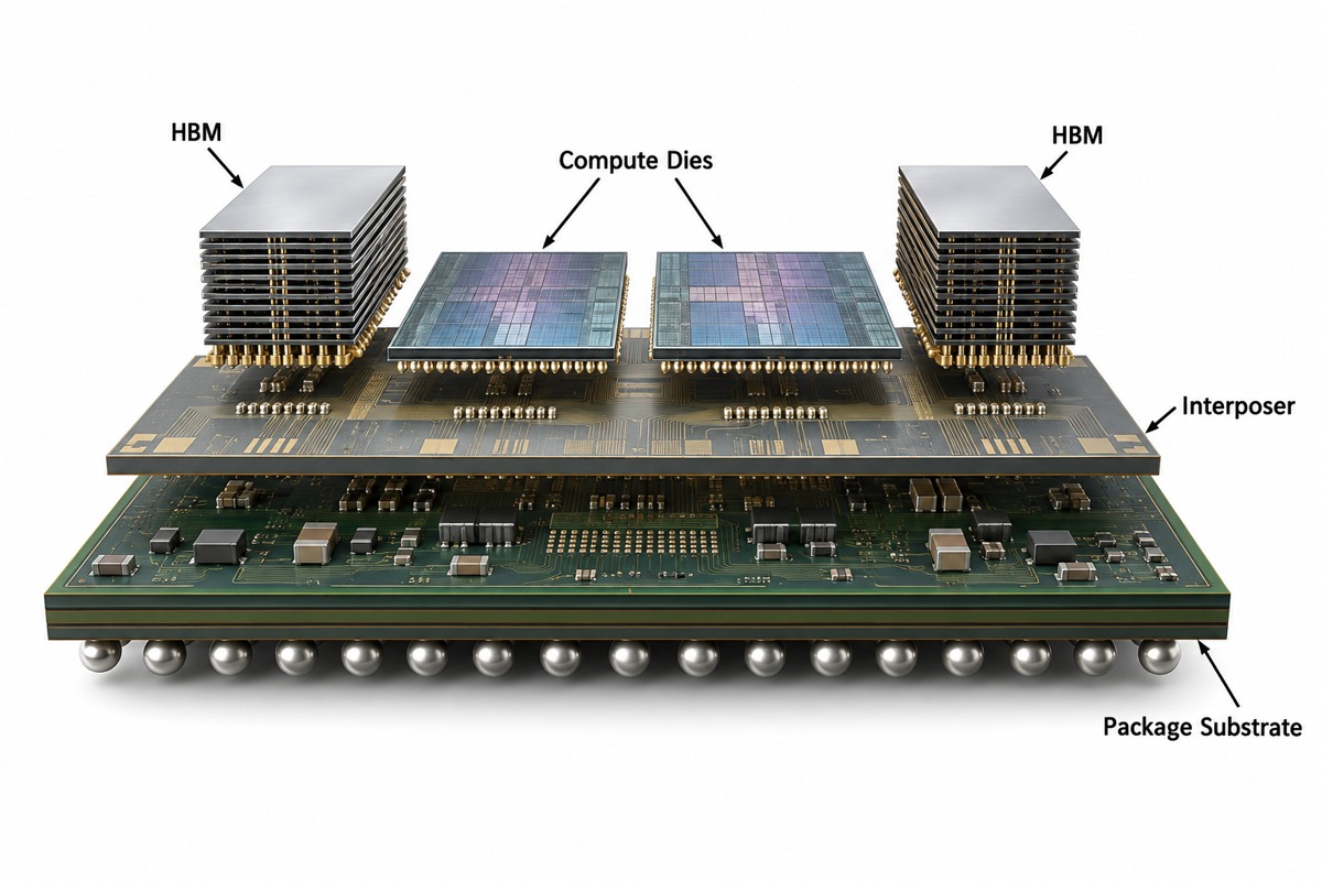 Illustrative multi-die package structure with compute dies, HBM, interposer and package substrate