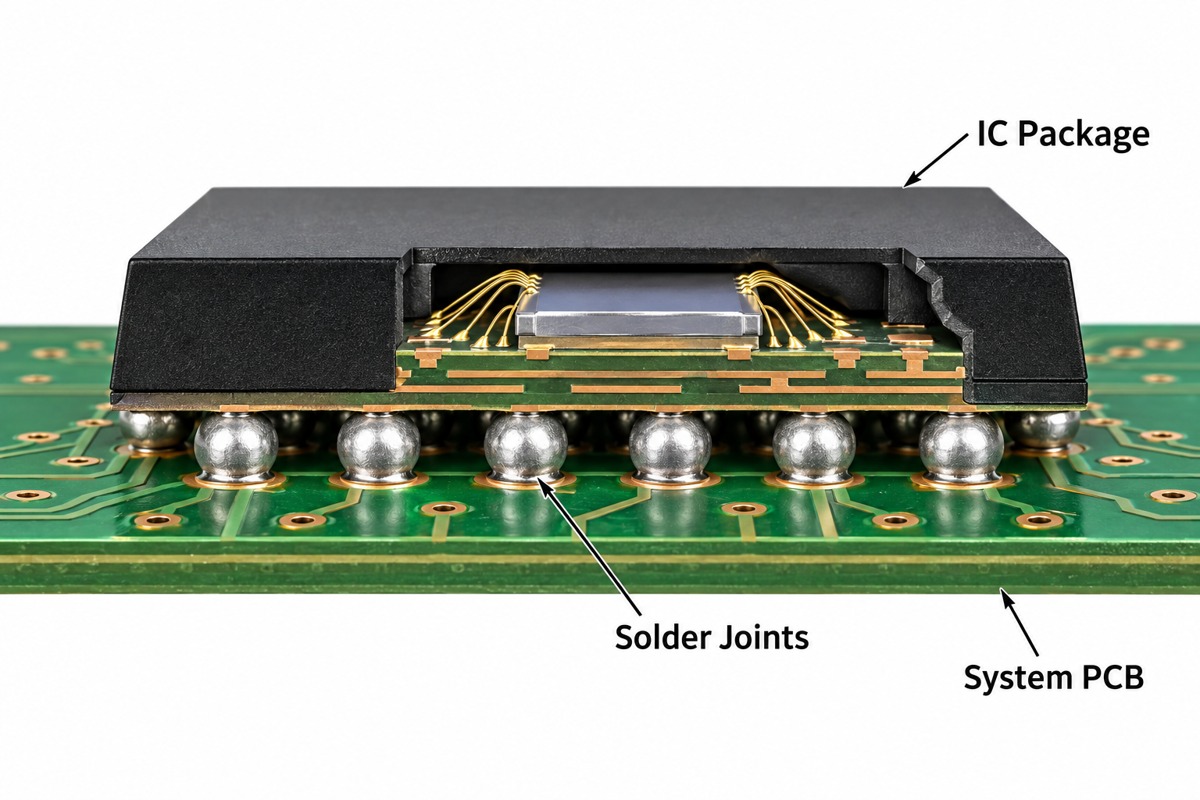 Semiconductor IC package connected through solder joints to a larger system PCB