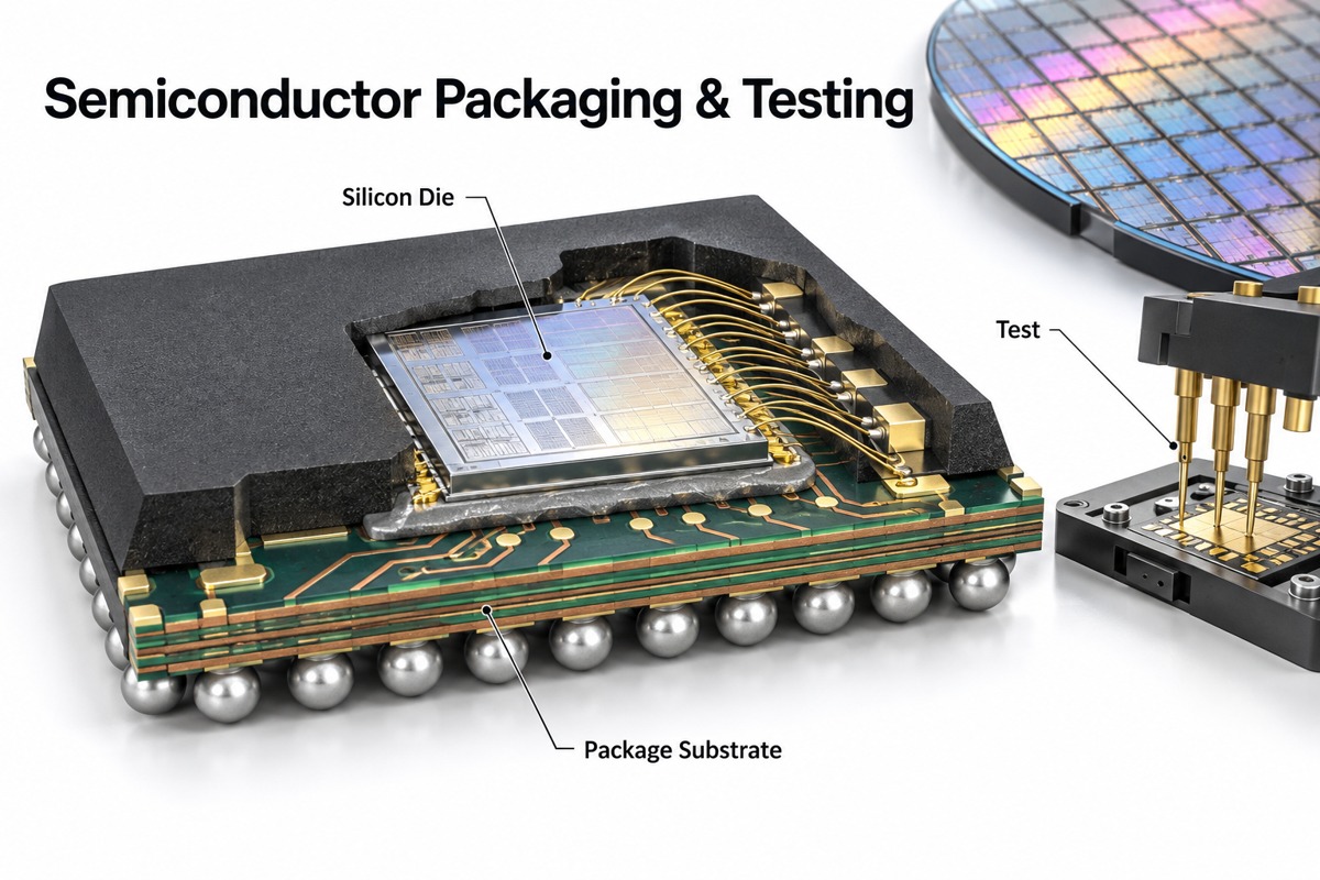 Semiconductor package cutaway showing silicon die, package substrate and testing context
