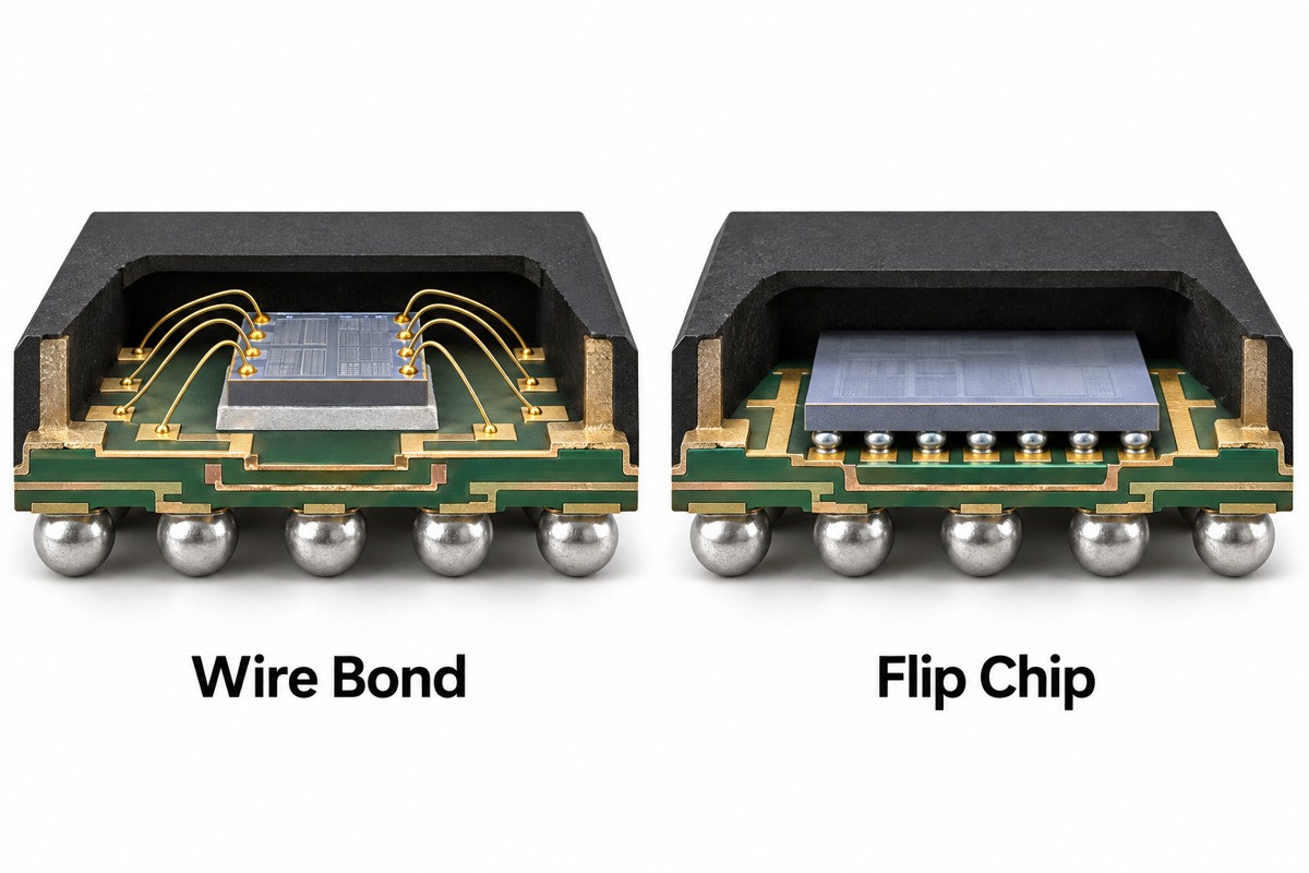 Wire-bond and flip-chip package cross-sections showing different die interconnections