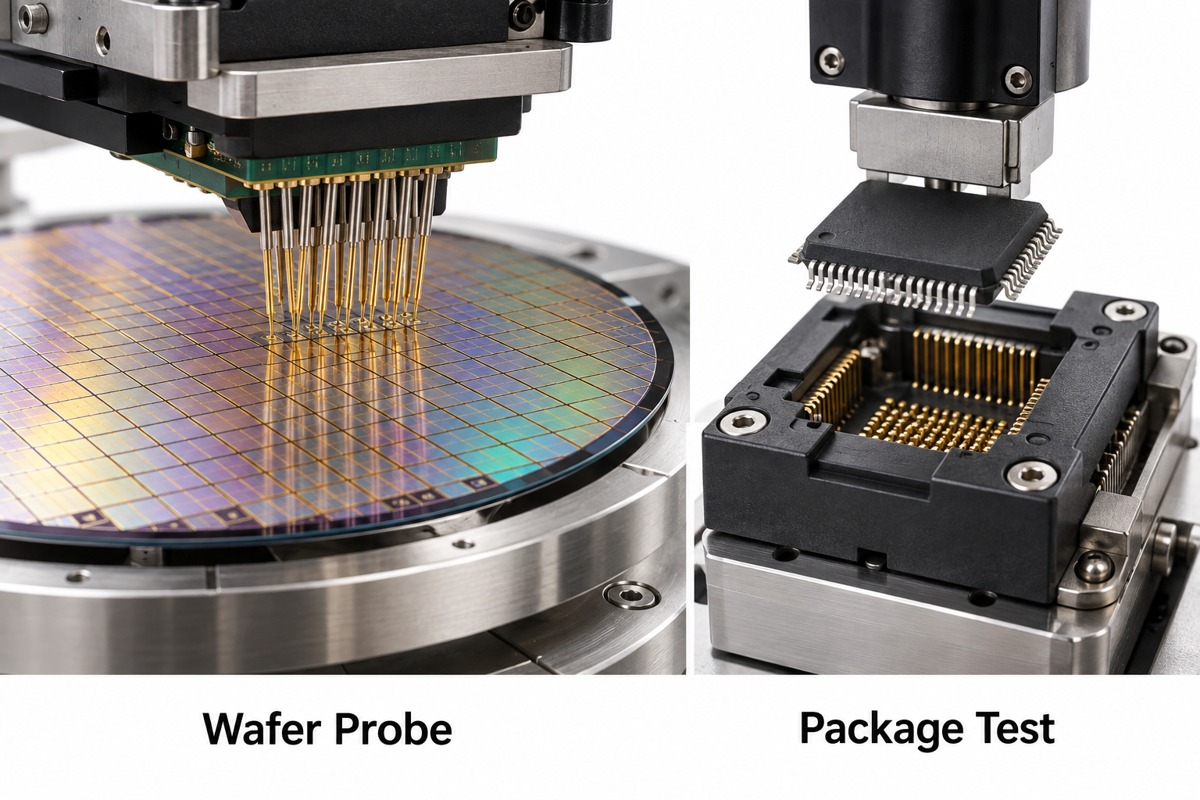 Wafer probing equipment and a packaged IC test socket illustrating separate test stages