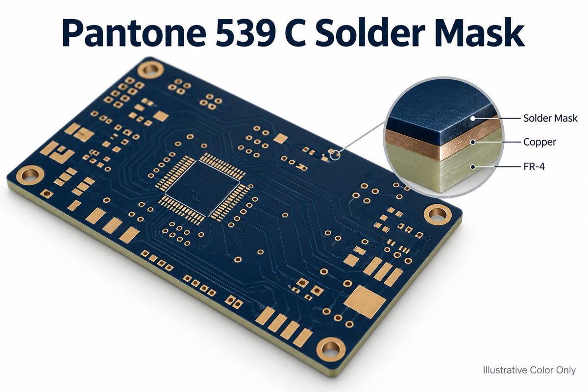 Illustrative navy PCB showing the solder mask over copper and FR-4