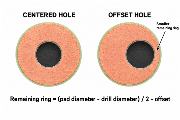 Schematic comparison of a centered drilled hole and an offset hole inside the same copper pad