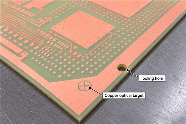 Reference-based illustration of an etched copper core with separate optical targets and tooling holes