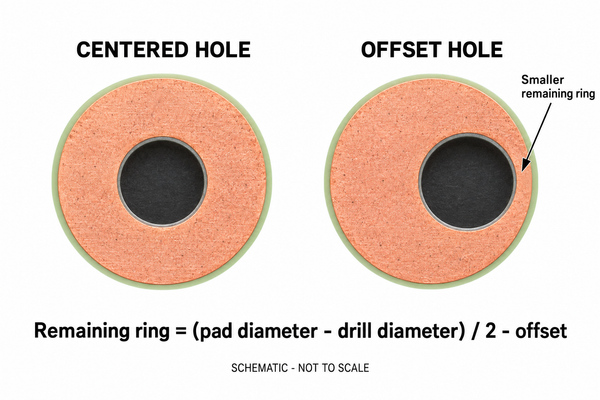 Schematic comparison of a centered drilled hole and an offset hole inside the same copper pad