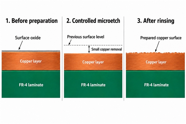 Cross-section schematic showing controlled surface removal rather than removal of a complete copper layer