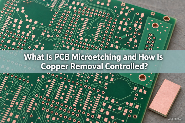 PCB microetching illustrated with exposed copper pads and a process coupon
