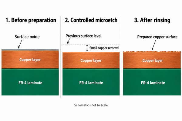 Cross-section schematic showing controlled surface removal rather than removal of a complete copper layer