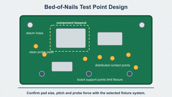 Bed-of-nails PCB test point design with datum holes, probe pads, keepouts and board support