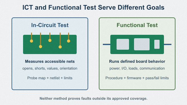 Comparison of ICT probe measurements and functional PCBA interface testing