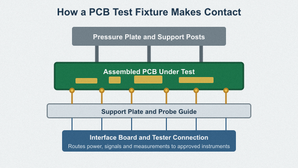 PCB test fixture stack showing pressure plate, assembled board, pogo pins, interface board and tester