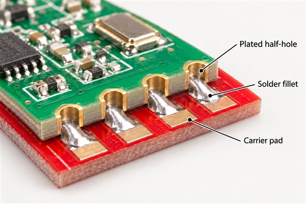 Technical illustration identifying a plated half-hole, solder fillet and carrier pad