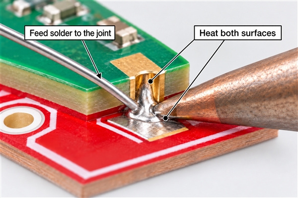 Technical illustration showing heat applied to both mating surfaces and solder fed into the joint