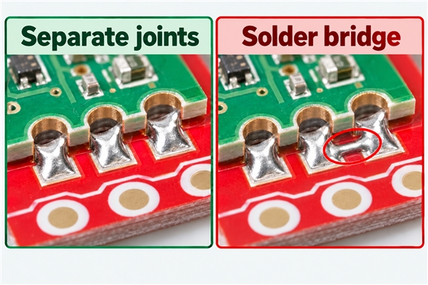 Technical illustration comparing separated castellated solder joints with an unwanted bridge between adjacent pads