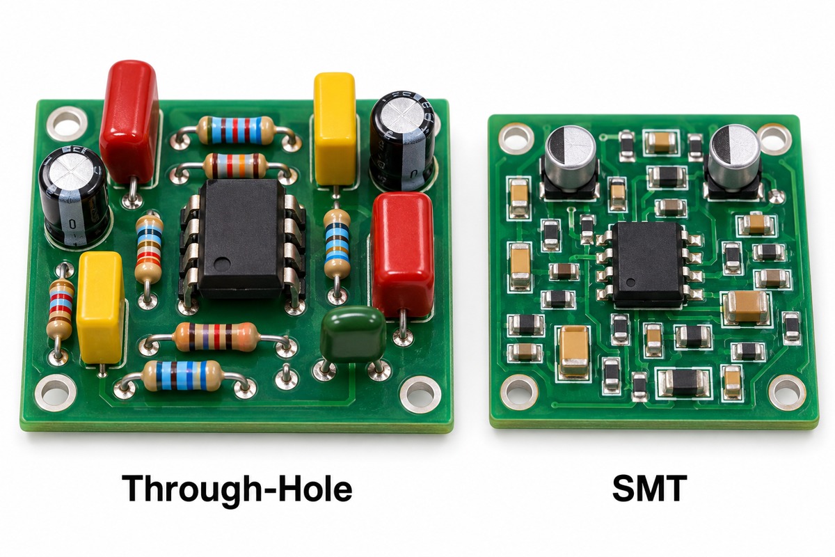 Through-hole and SMT guitar effects PCB assemblies compared side by side