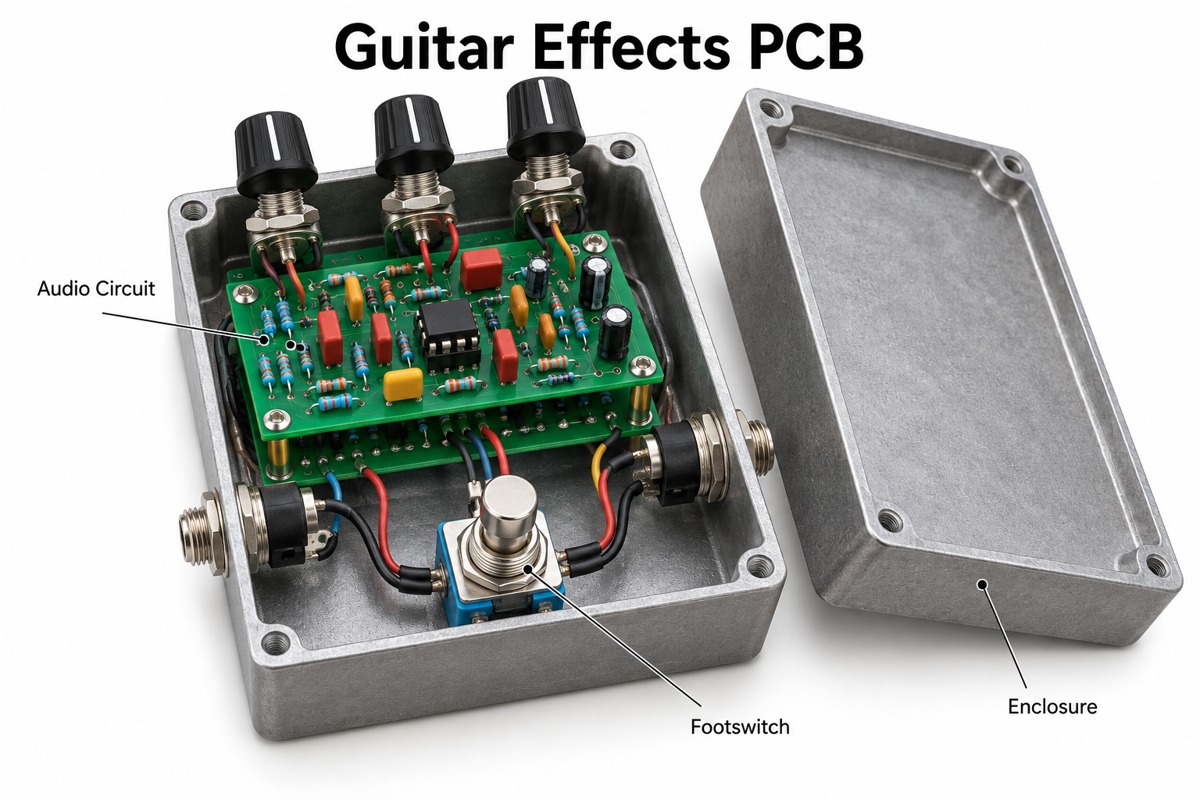 Open guitar pedal enclosure showing its effects PCB, footswitch and controls