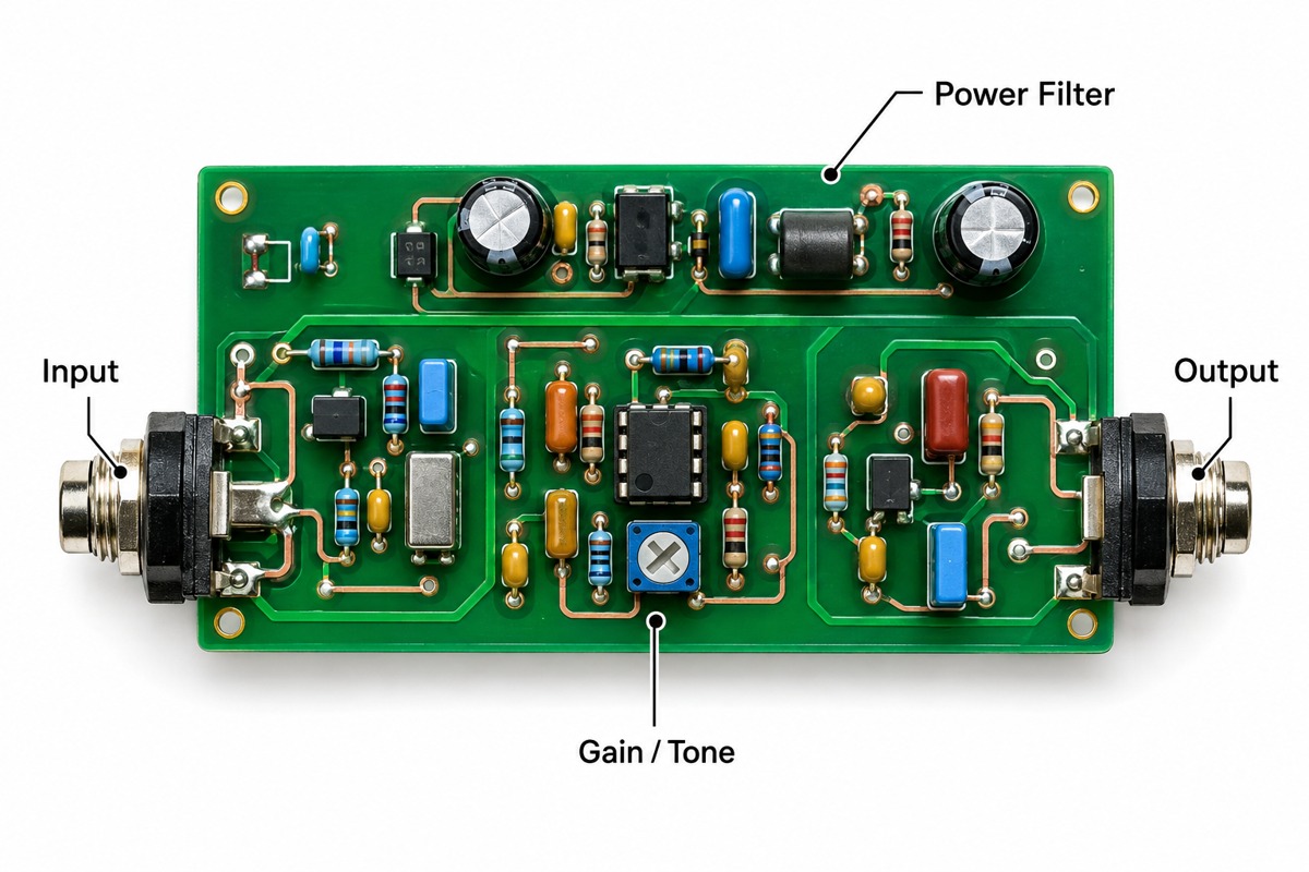 Guitar pedal PCB showing separated input, gain and tone, output and power filter areas