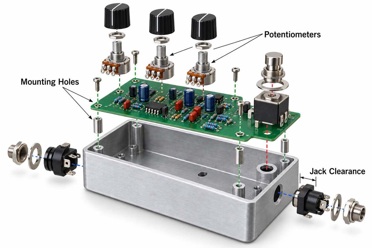Exploded guitar pedal showing PCB mounting holes, potentiometers and jack clearance