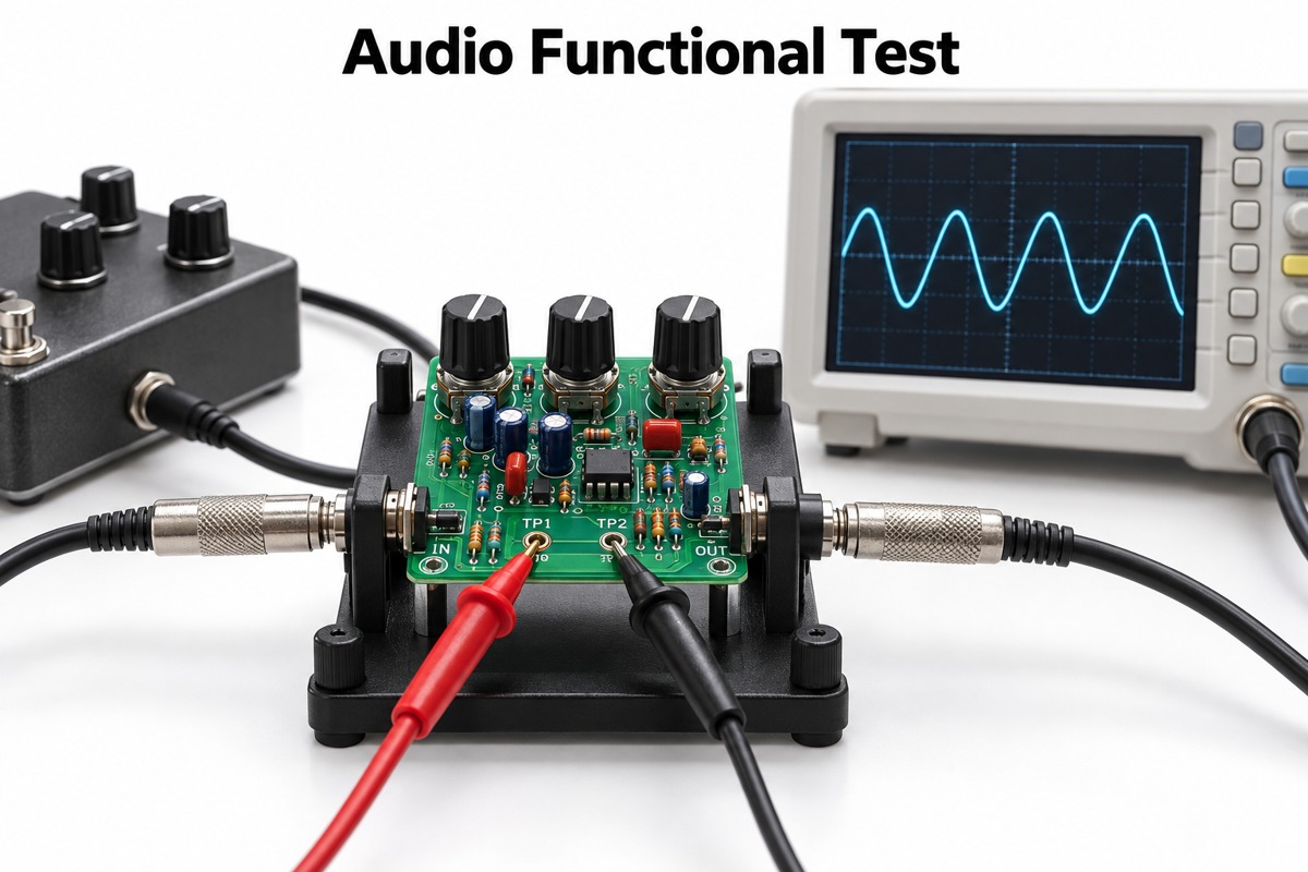 Audio functional testing of a populated guitar pedal PCB using a fixture and oscilloscope