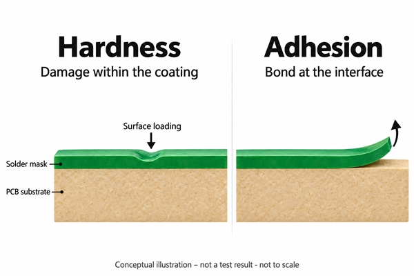 Conceptual illustration distinguishing damage within solder mask from separation at the substrate interface