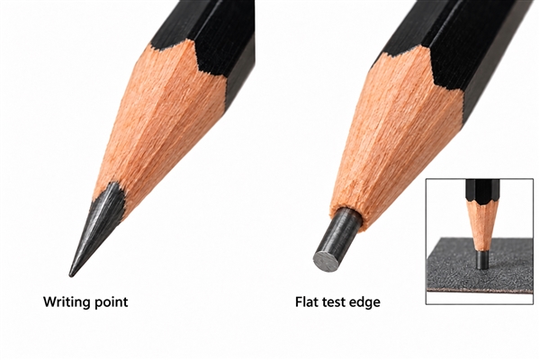Technical illustration comparing a conical writing point with a prepared flat graphite test edge