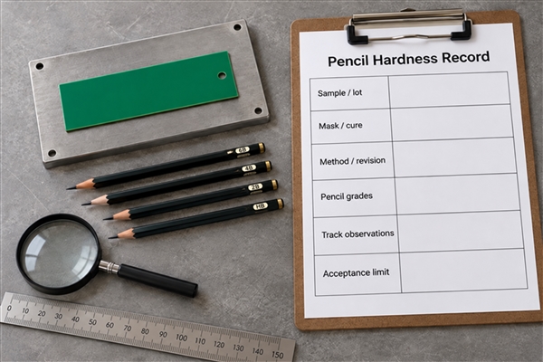 Illustrated blank pencil hardness record showing sample, cure, method, observations and acceptance fields