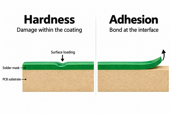 Conceptual illustration distinguishing damage within solder mask from separation at the substrate interface