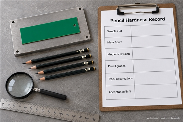 Illustrated blank pencil hardness record showing sample, cure, method, observations and acceptance fields