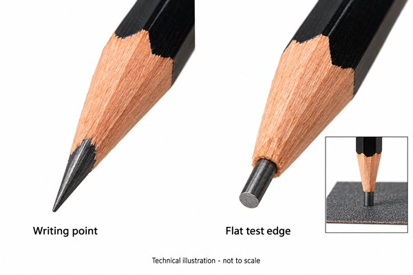 Technical illustration comparing a conical writing point with a prepared flat graphite test edge