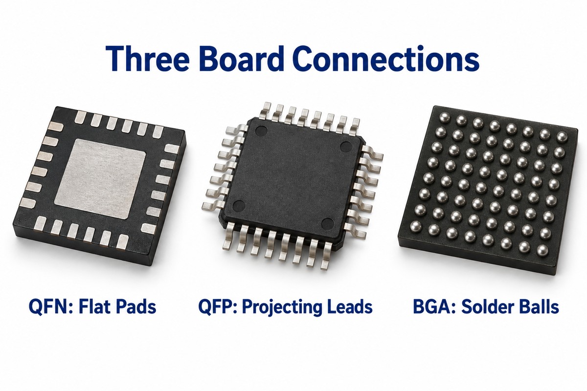 QFN flat pads compared with QFP projecting leads and BGA solder balls