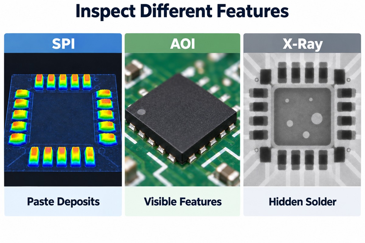 Illustrative SPI paste deposits, AOI visible features and X-ray hidden solder inspection