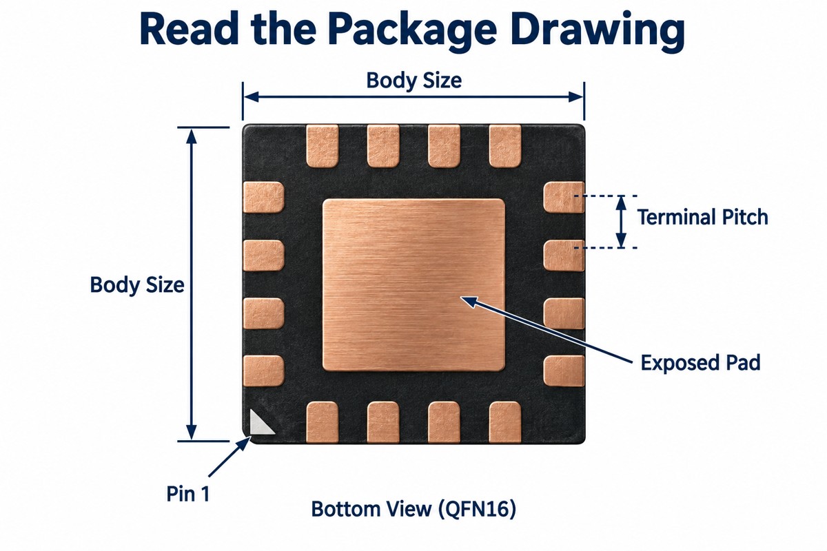 Simplified QFN bottom view identifying body size, terminal pitch, exposed pad and pin 1