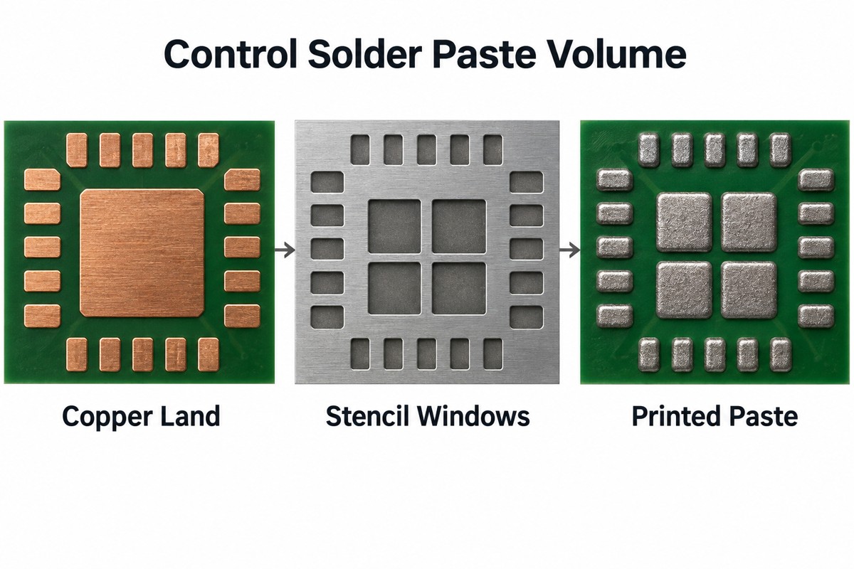 Copper land, divided stencil windows and printed paste shown as separate QFN assembly layers