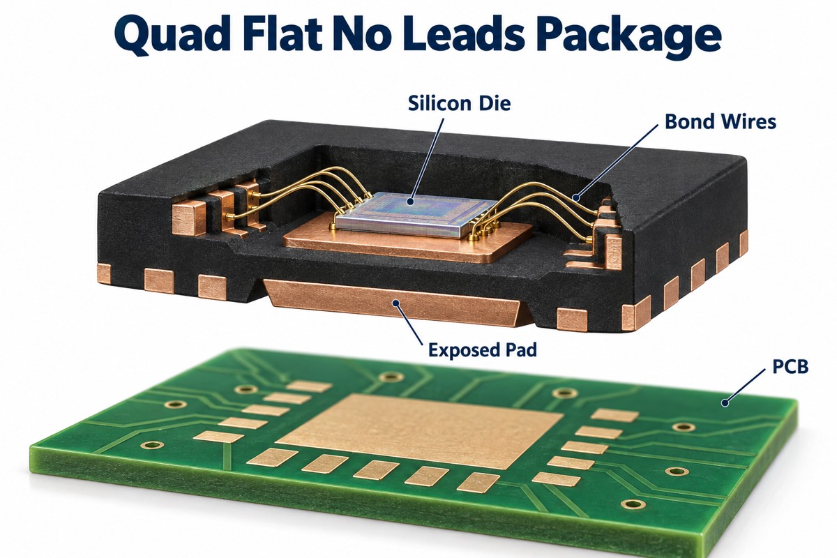 Cutaway of a wire-bonded QFN showing silicon die, bond wires, exposed pad and PCB