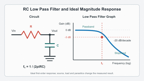 RC low pass filter circuit diagram and magnitude response with cutoff frequency and minus 3 dB point