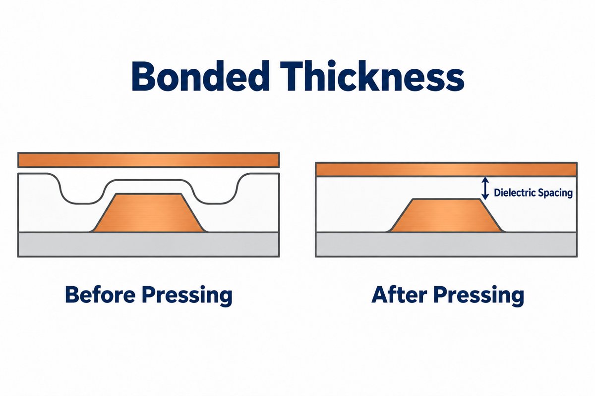 Conceptual comparison of nominal prepreg sheet thickness and finished dielectric spacing above patterned copper