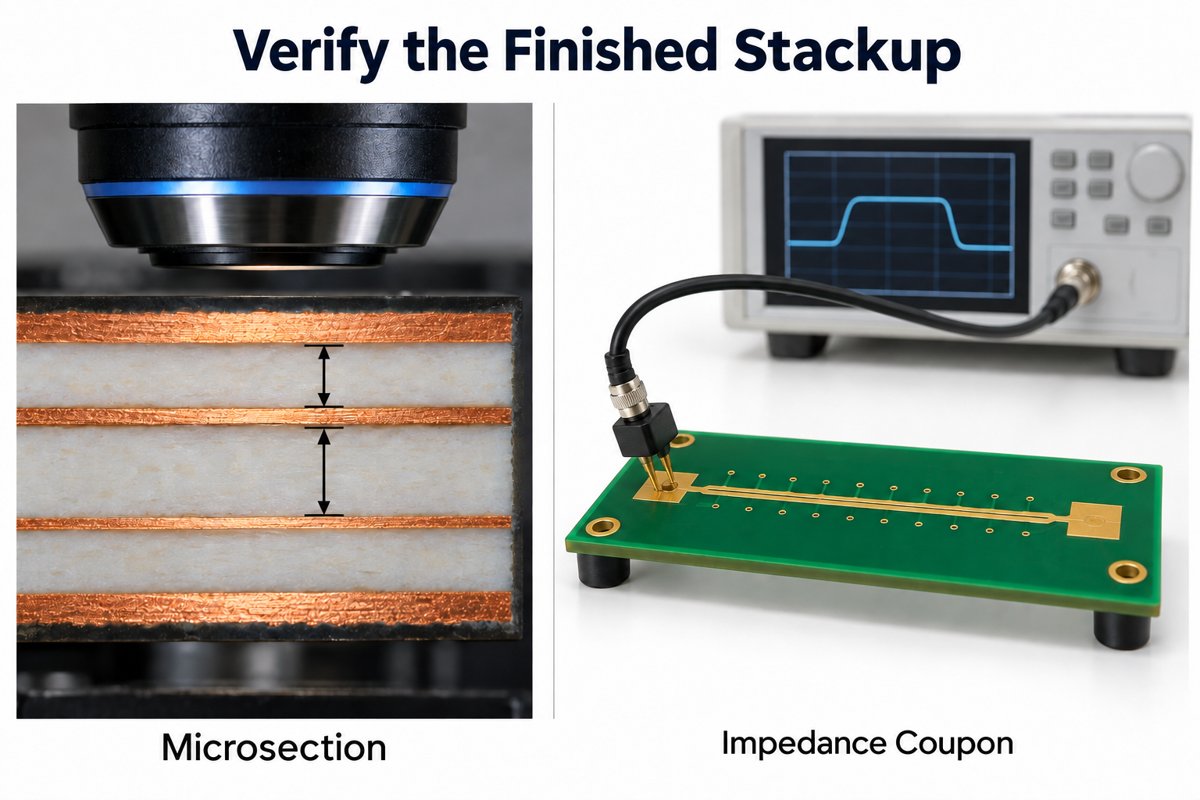 Illustration of PCB microsection thickness measurement and impedance coupon probing