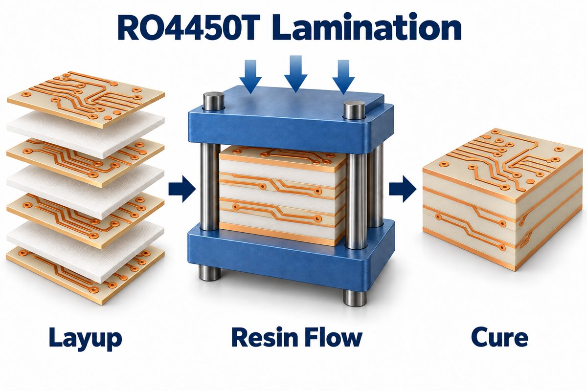 RO4450T lamination concept showing resin flow around copper traces and the consolidated bonding layer