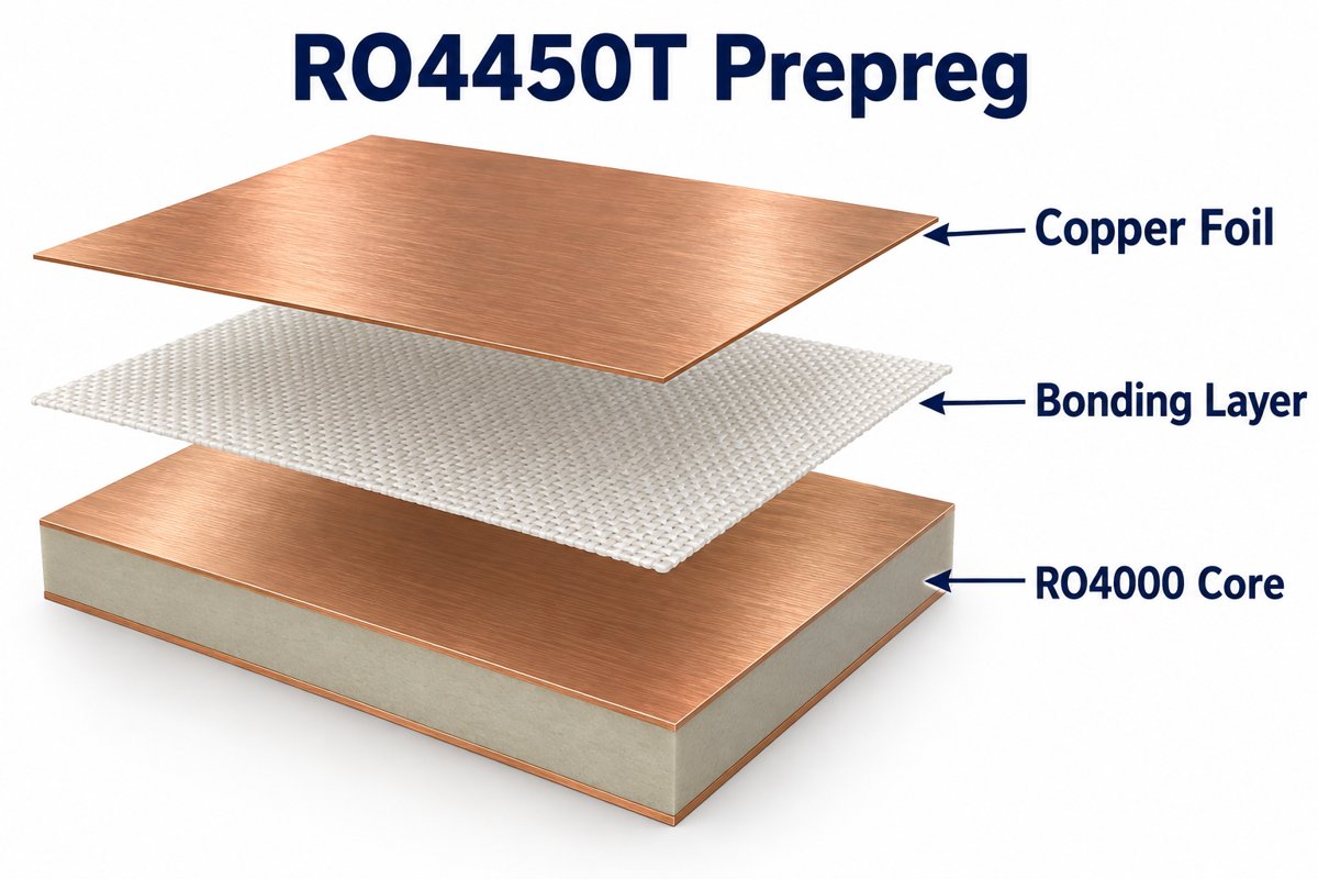 RO4450T prepreg between copper foil and an RO4000 core in an exploded multilayer PCB illustration