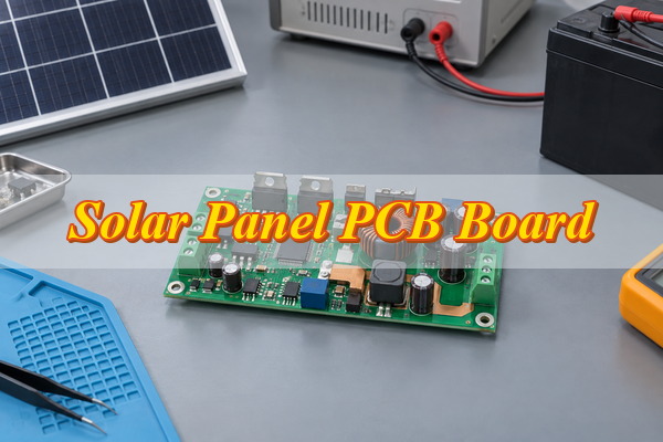 Solar Panel PCB Board, assembled solar control PCB on an engineering workbench