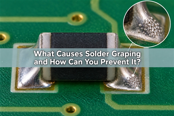 Technical illustration of solder graping on a small chip-component fillet, not an inspection photograph
