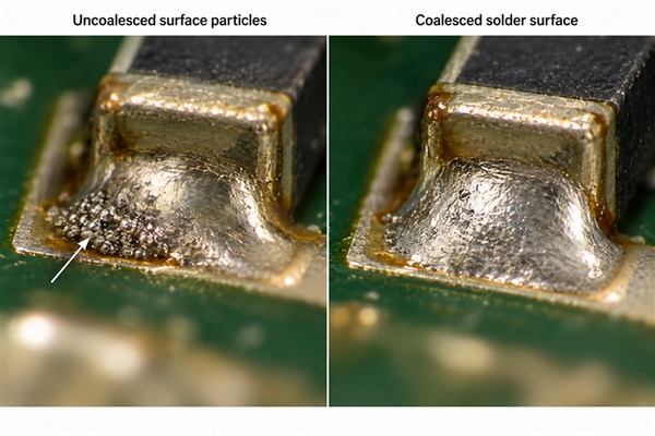 AI microscopy-style illustration comparing uncoalesced solder particles with a coalesced fillet; not an actual inspection record