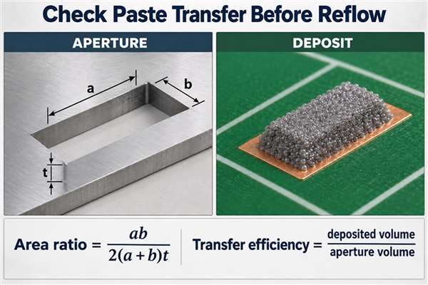 Rectangular stencil aperture and printed solder paste deposit with area ratio and transfer efficiency equations