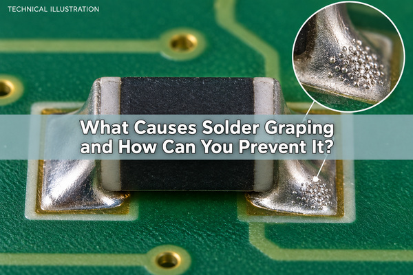 Technical illustration of solder graping on a small chip-component fillet, not an inspection photograph