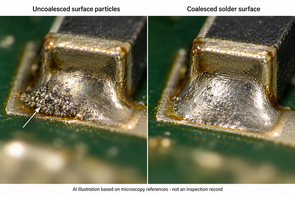 AI microscopy-style illustration comparing uncoalesced solder particles with a coalesced fillet; not an actual inspection record