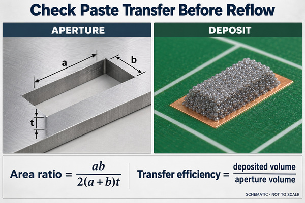 Rectangular stencil aperture and printed solder paste deposit with area ratio and transfer efficiency equations