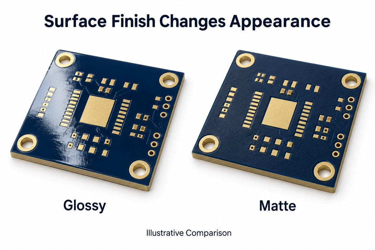 Illustrative glossy and matte navy PCB surfaces showing different reflections