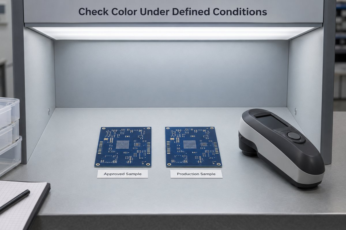 Conceptual comparison of an approved PCB sample and production sample under controlled lighting